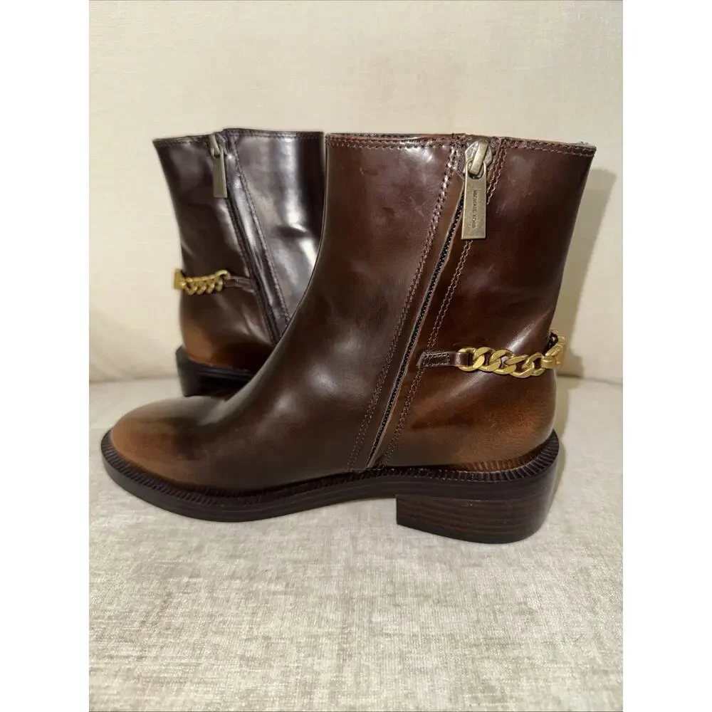 Michael Kors Carlisle Burnished Leather Chain Detail Luggage Booties Size 6M EUC